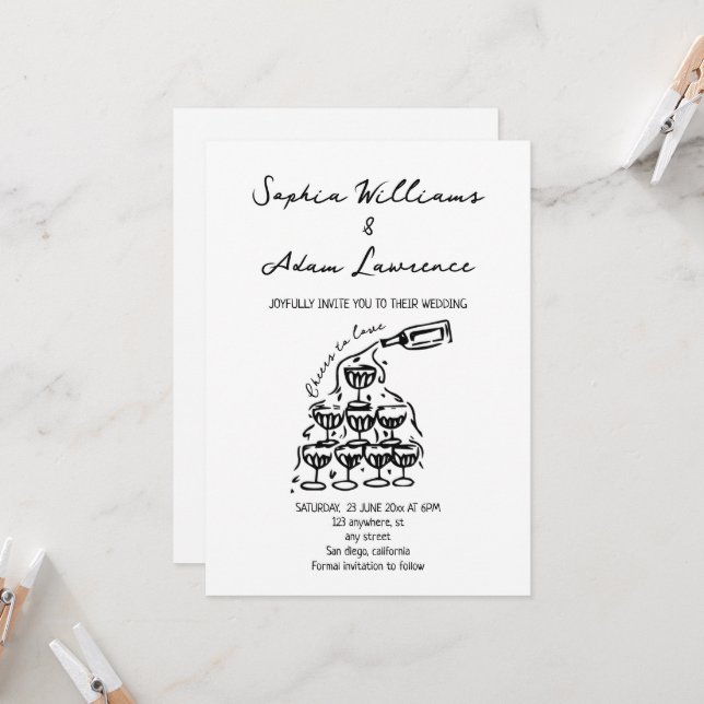 Invitation Cheers to love Hand Drawn Wedding (Devant/Arrière en situation)