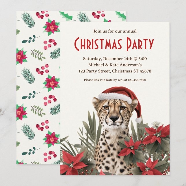 Invitation Cheetah dans le Santa Hat Poinsettias fête de Noël (Devant / Derrière)