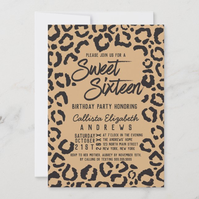 Invitation Cheetah d'or noir moderne Leopard Sweet 16 (Devant)