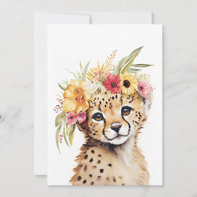 Invitation Cheetah Flower Crown Art Aquarelle Safari Floral (Devant)