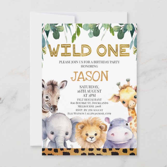 Invitation Cheetah Imprimer Foliage Wild One Safari 1er anniv (Devant)