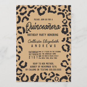 Invitation Cheetah Leopard Quinceañera en or noir moderne