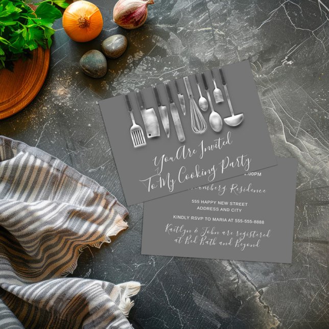Invitation Chef de cuisine de fête de cuisine Blanc Gris Arge (Cooking Party Chef Kitchen White Gray Silver Invitation)