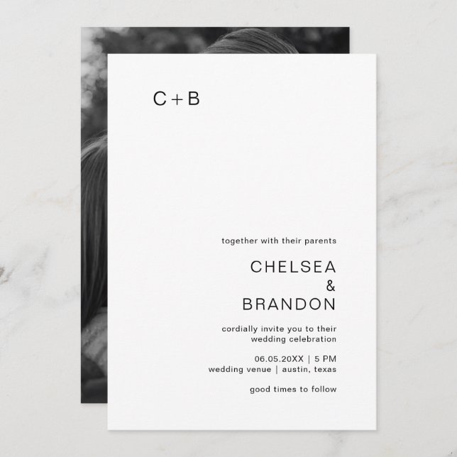 Invitation Chelsea Noir et blanc Mariage moderne (Devant / Derrière)