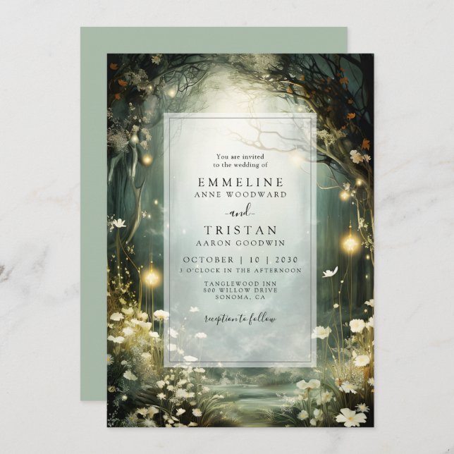 Invitation Chemin De Forêt Enchantée De Fleurs Mariage Vert (Devant / Derrière)