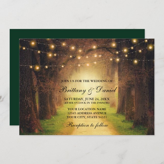Invitation Chemin de la forêt rustique Lumières Mariage vert (Devant / Derrière)