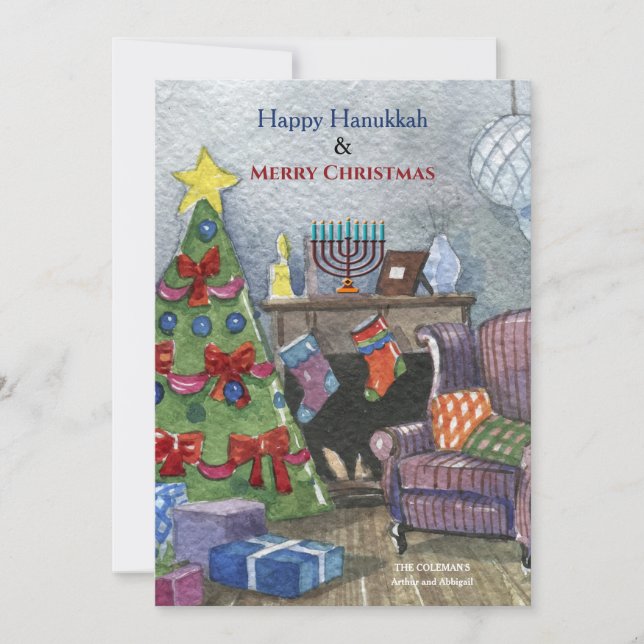 Invitation Cheminée de Noël avec Menorah Holiday Card (Devant)