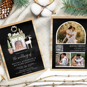 Invitation Cheminée de Noël blanc QR Code Mariage noir