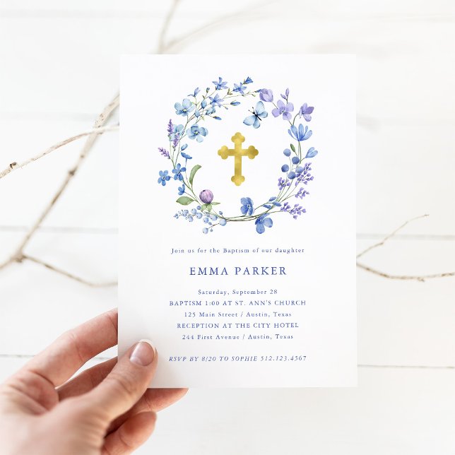 Invitation Chemise et croix de sauve bleu et violet | Baptême (Créateur téléchargé)