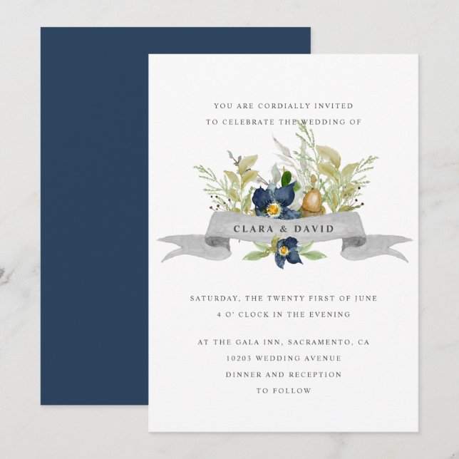Invitation Chêne brillant | Bleu | mariage rustique aquarelle (Devant / Derrière)