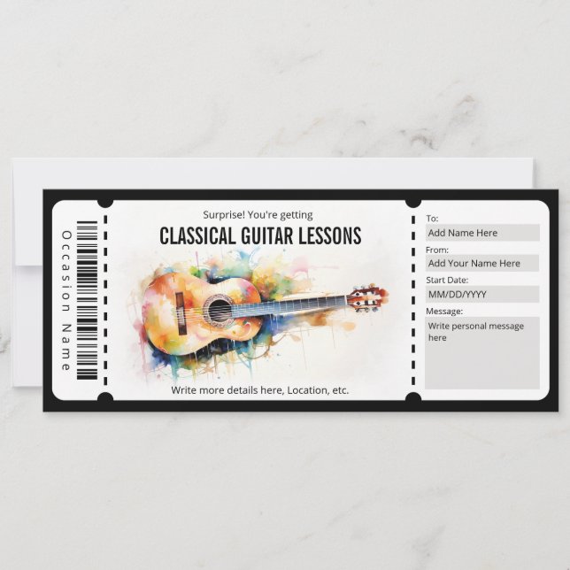 Invitation Chèque cadeau de leçons de guitare classique surpr (Devant)