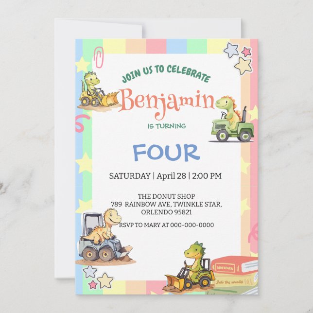 Invitation Cher Dinosaure tracteur Rainbow B2S School Anniver (Devant)