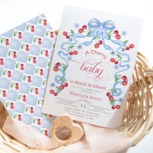 Invitation Cherry Baby est sur le point de Bloom Blue Bow bab