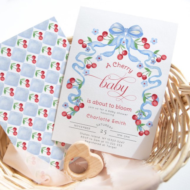 Invitation Cherry Baby est sur le point de Bloom Blue Bow bab (Créateur téléchargé)