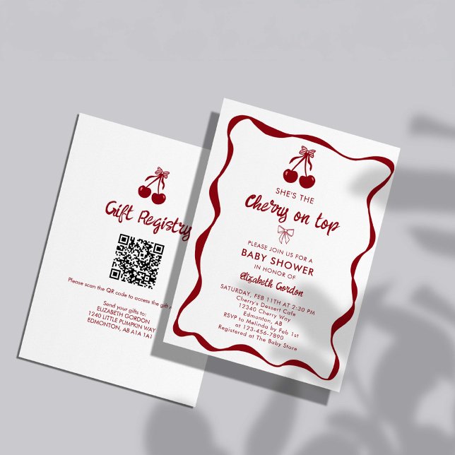Invitation Cherry Baby Shower 2-sided QR Code Registry Sweet (Créateur téléchargé)