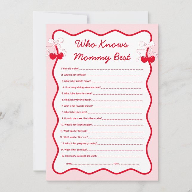 Invitation Cherry Baby Shower Who Knows Mommy Best Game (Devant)