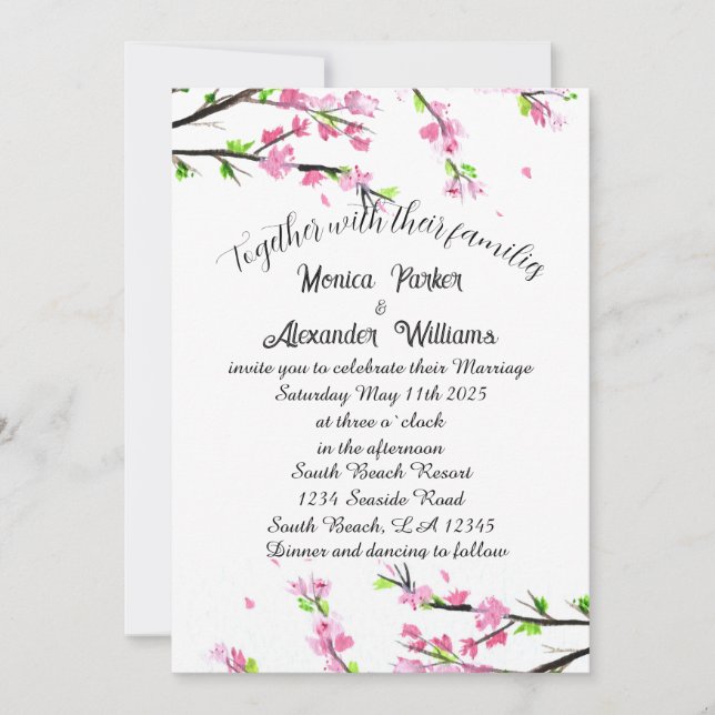 Invitation Cherry Blossom Japonais Sakura Mariage rose Invita (Devant)