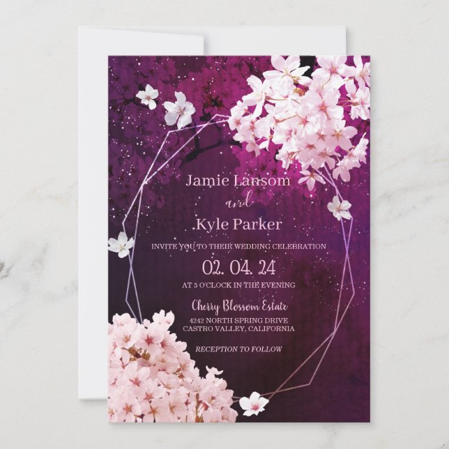 Invitation Cherry Blossom Mariage floral géométrique (Devant)