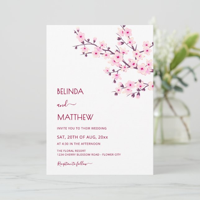 Invitation Cherry Blossoms Pink White Casual Wedding (Debout devant)