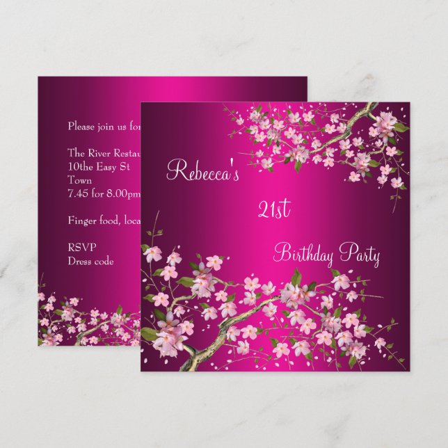 Invitation Cherry Bossom 21e Soirée Anniversaire Elégante Ros (Devant / Derrière)