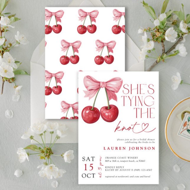 Invitation Cherry Bow She's Tying the Knot Fête des mariées (Créateur téléchargé)