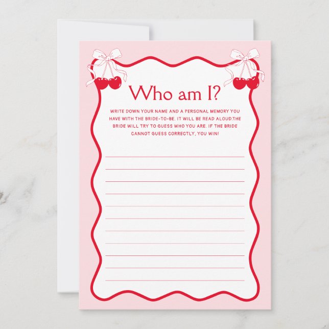 Invitation Cherry Bridal Shower Guess Who Am I Game Card (Devant)