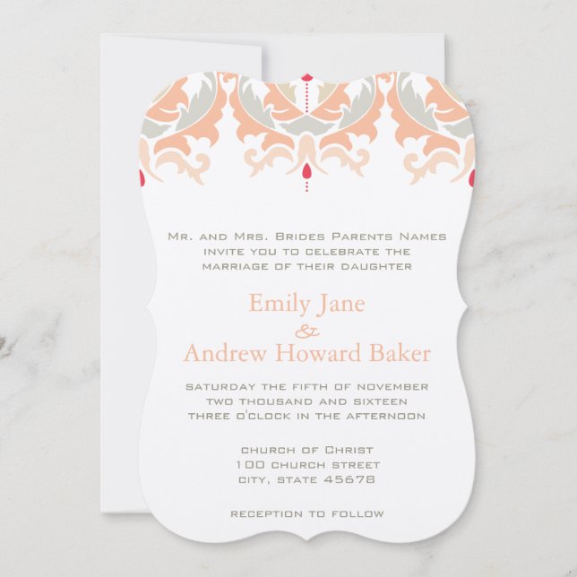 Invitation Cherry et Peach Mariage damassé (Devant)