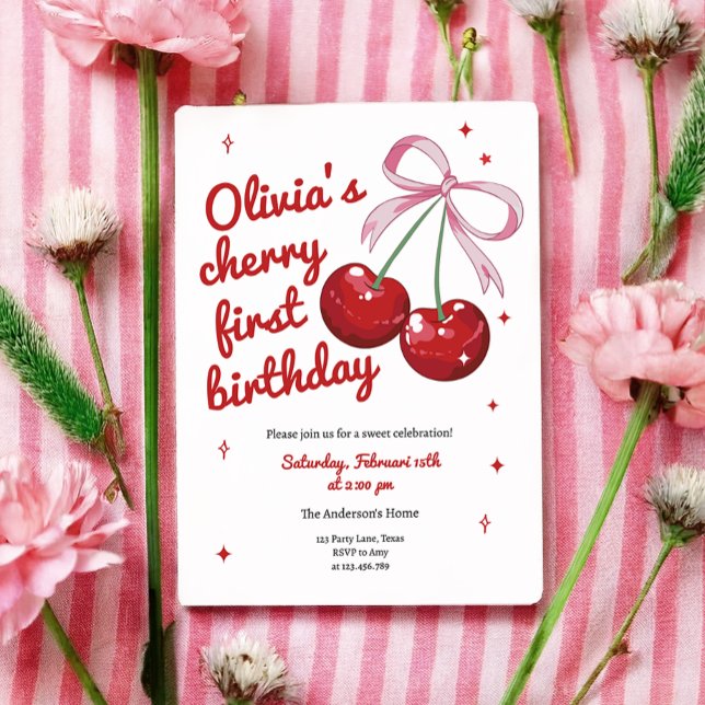 Invitation Cherry First Coquette Bow Rose Girl Anniversaire (Créateur téléchargé)