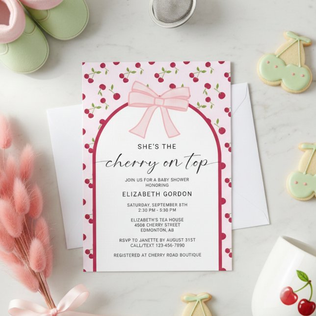 Invitation Cherry On Top Baby Shower Coquette Bow (Créateur téléchargé)