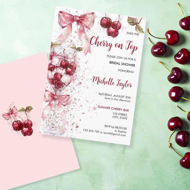 Invitation Cherry on Top Bow Cocktail Fête des mariées d'été (watercolor cherries with bow)