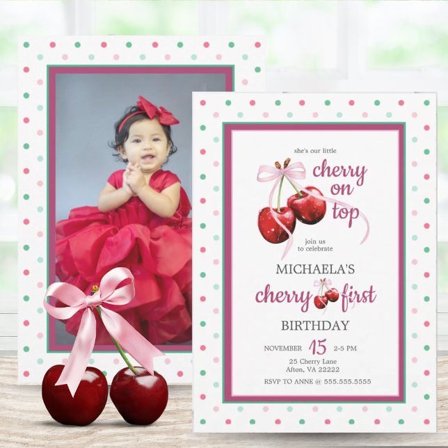 Invitation Cherry Pink Coquette Bow photo de premier annivers (Cherry First Birthday Polka Dot Photo Invitation)