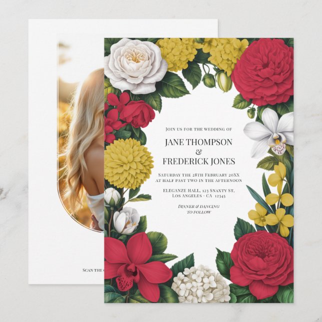 Invitation Cherry Red, White & Gold Floral Wedding (Devant / Derrière)