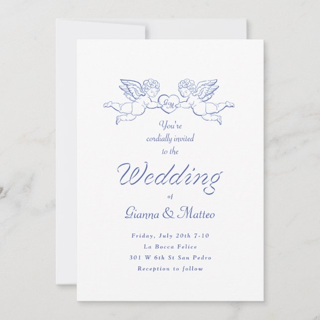 Invitation Cherub Cupid Couple Holding Heart Wedding (Devant)