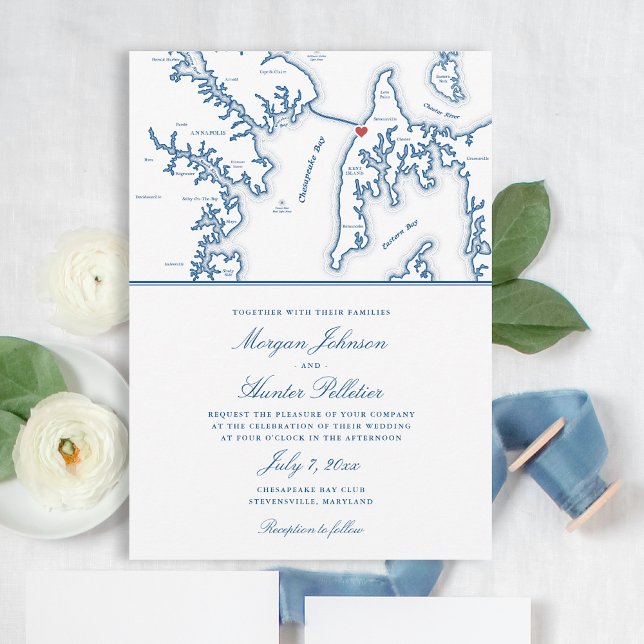 Invitation Chesapeake Bay Beach Club Elégant Mariage de la Ma (Chesapeake Bay Beach Club Wedding Invitation with Elegant Navy Blue Stevensville Maryland Map )