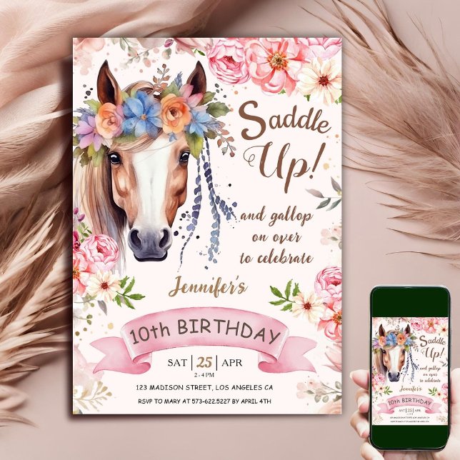 Invitation Cheval 10e anniversaire fille Fleurs Boho Saddle U (Créateur téléchargé)