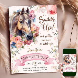 Invitation Cheval 10e anniversaire rose florale fille selle u