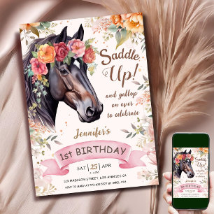 Invitation Cheval 1er Anniversaire Fille Rose Cowgirl Saddup!
