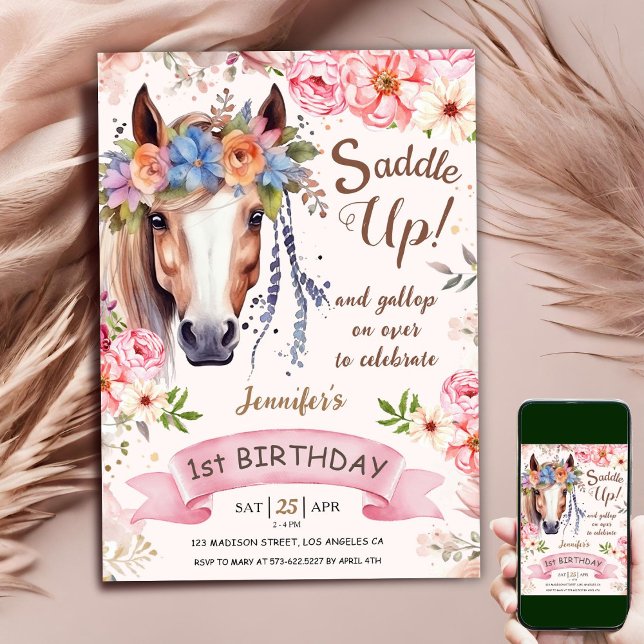 Invitation Cheval 1er Anniversaire Fille Rose Floral Cowgirl (Créateur téléchargé)