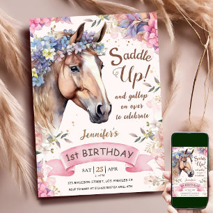 Invitation Cheval 1er Anniversaire Fleurs de VacheFille Selle