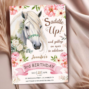 Invitation Cheval 3e anniversaire fille Fleurs roses selle ve