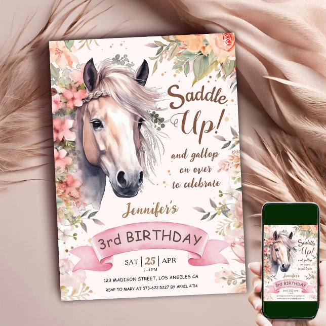 Invitation Cheval 3e anniversaire fille Wild Floral Saddle Up (Créateur téléchargé)
