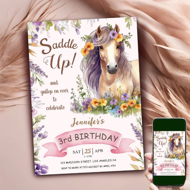 Invitation Cheval 3ème anniversaire fille violet Floral Saddu (Créateur téléchargé)