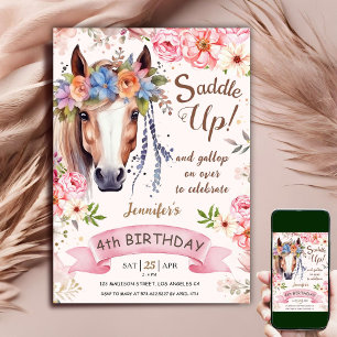 Invitation Cheval 4e anniversaire fille Fleurs Boho Saddle Up