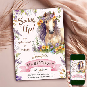 Invitation Cheval 4e anniversaire fille violet Floral Saddup 