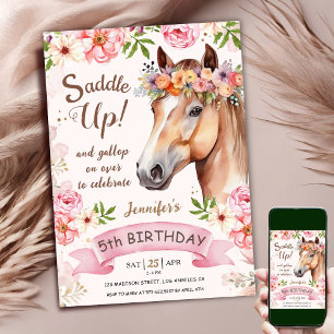 Invitation Cheval 5e anniversaire Rose Fleurs Saddup