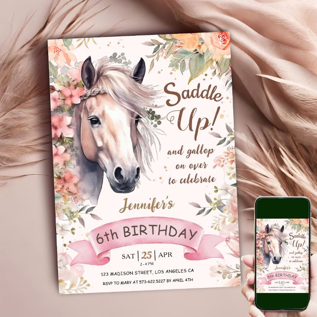 Invitation Cheval 6e anniversaire fille Wild Floral Saddup (Créateur téléchargé)