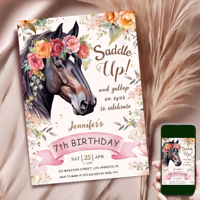 Invitation Cheval 7e anniversaire Cowgirl rose Floral Saddup (Créateur téléchargé)