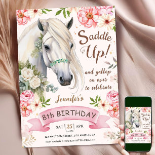 Invitation Cheval 8e anniversaire fille Fleurs roses selle ve