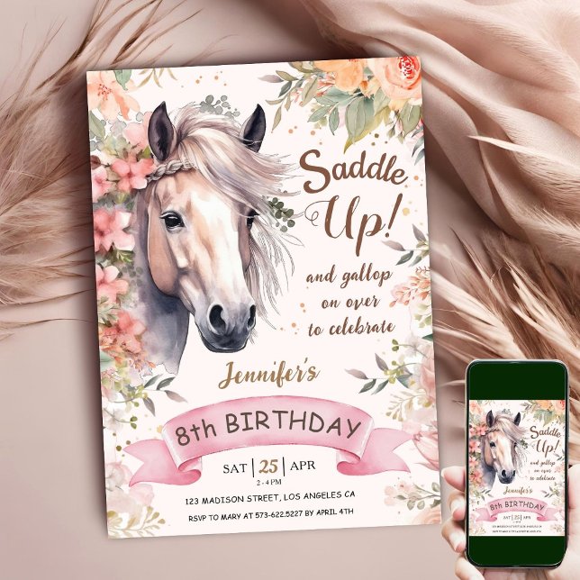 Invitation Cheval 8e anniversaire fille Wild Floral Saddup (Créateur téléchargé)