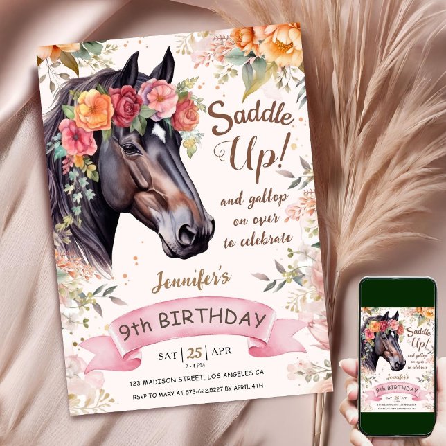 Invitation Cheval 9 Anniversaire Cowgirl rose Floral Saddup (Créateur téléchargé)